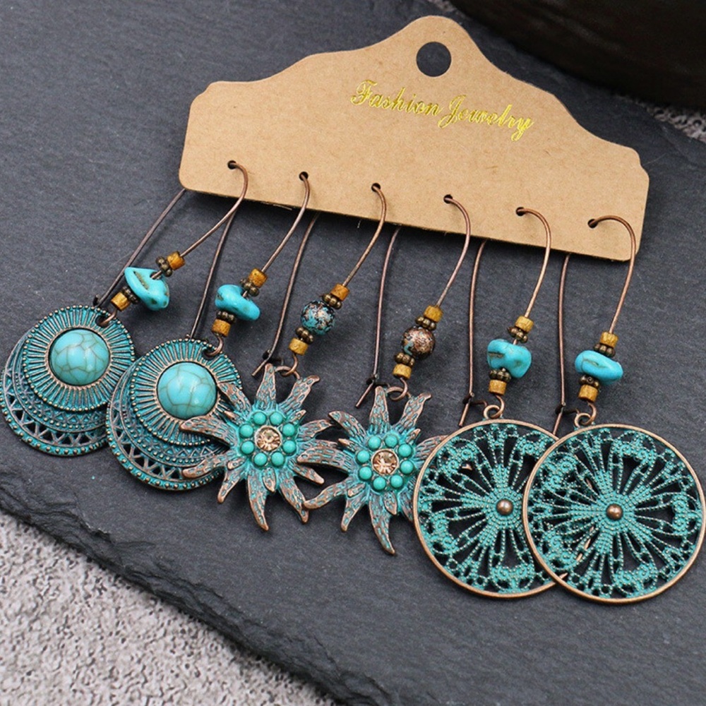 Turquoise and Copper Colored Bohemian Earrings Set Trio #2031 - Picture 2 of 3